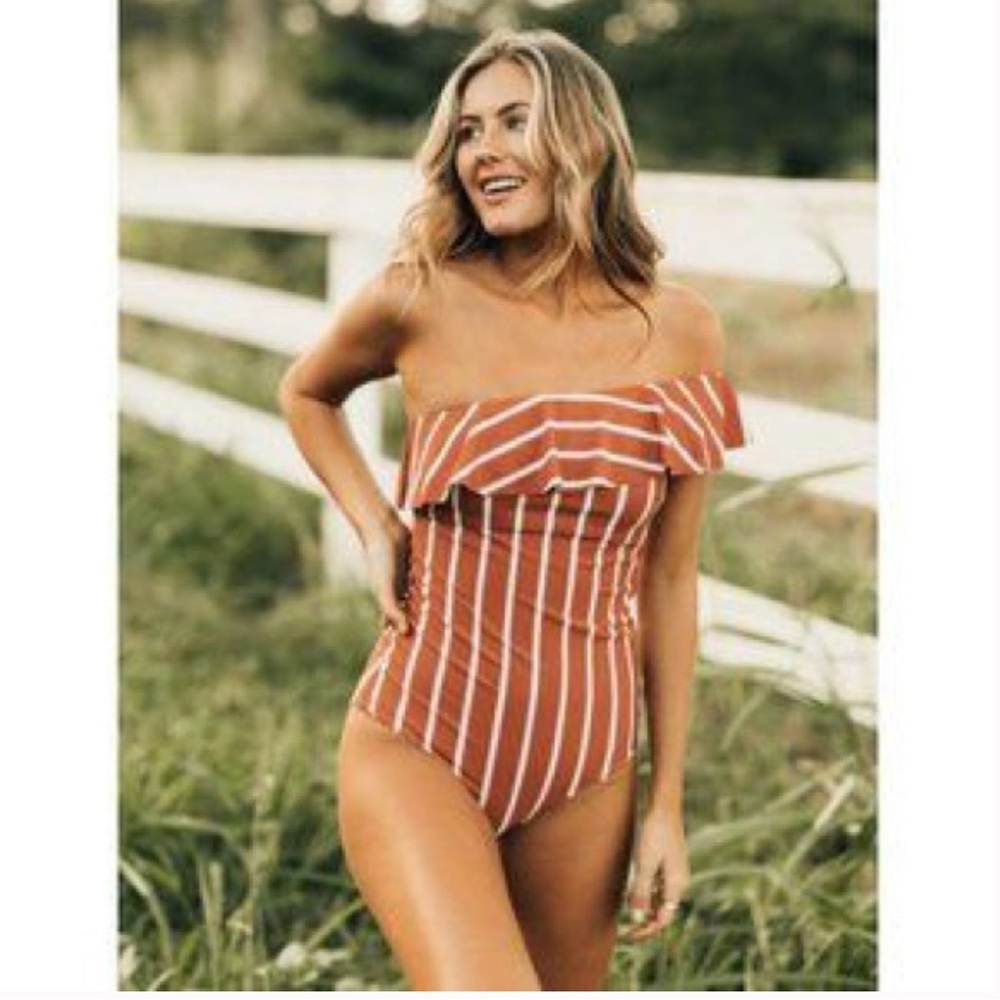 Albion Fit The Icon Wave Sydney One Piece Rust Striped Ruffle; Size M, NWT